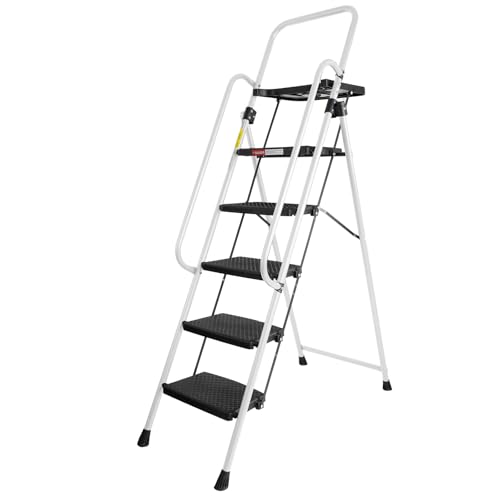 Scoley 5 Step Ladder, Folding Step Stool with Handle,Tool Platform and Anti-Slip Pedal, Steel Ladder,Lightweight, Perfect for Home and Kitchen, White