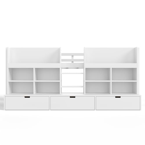 Image of Twin XL Size Low Loft Bed for Kids with Storage Shelves, Play Curtain & Chalkboard,Space-Saving Design,No Box Spring Needed (White-TX)