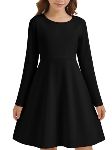 Girls Long Sleeve Skater Dress Kids Fall Crewneck Holiday Party Dresses with Pockets Black2
