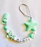  Sujeta Chupete Bebé (Baby). Clip Chupete. Cadena Chupete para niño y niña. Chupetero de bolas. Silicona Antibacteriana con Pinza de Plástico-Chupetero Estrella y oso (Verde)