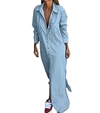 chouyatou Women's Long Sleeve Button Down Denim Maxi Shirt Dress Casual Lapel Side Slit Long Jean Shift Dress (Large, Light Blue)