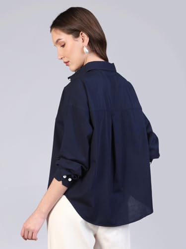 Image of Urbano Fashion Women's Cotton Full Sleeve Oversized Fit Casual Solid Slub Shirt with Spread Collar