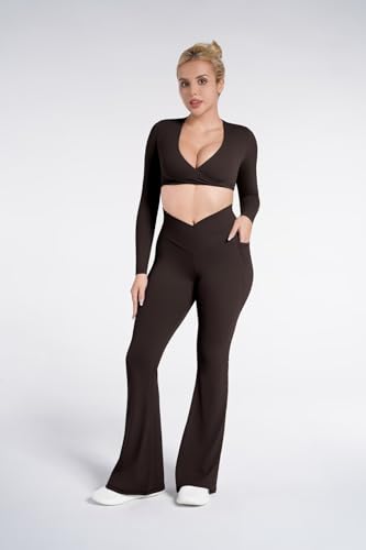 Sunzel Crossover Flare Leggings with Pockets for Women Buttery Soft Yoga Pants Fashion V Cut Bootcut Leggings 30" Java Brown Large — view 3