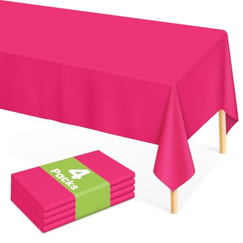 Image of Mulbozy Hot Pink Plastic Table Cloth Disposable 4 Pack, 54 x 108 Inch Tablecloths Rectangle, Dark Pink Plastic Table Cover for Party Decor