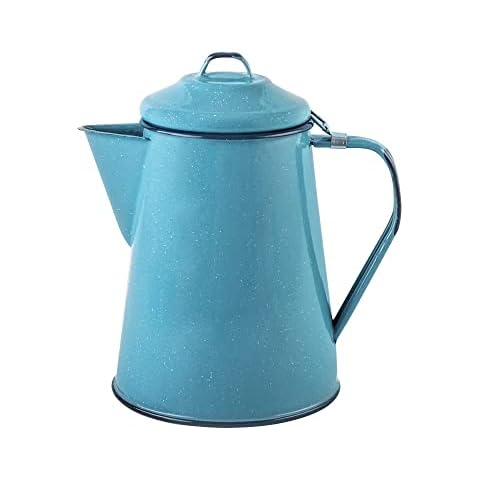 Cinsa Enamelware Coffee Pot (Turquoise Color) - 8 Cups - Camping Essentials - Hot Water for Coffee and Tea - Light and Resistant Cover