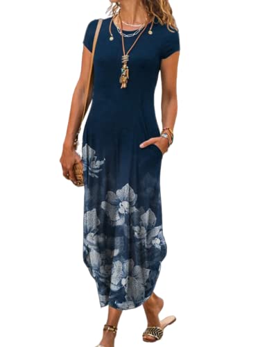 Image of Women Summer Casual Maxi Dress Floral Printed Loose Pockets Short Sleeve Split Boho Dresses