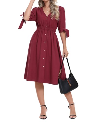Image of Women Linen Rayon Blend Midi V Neck Button Front Elastic Waist Puff Sleeve Tie Casual Summer Dress