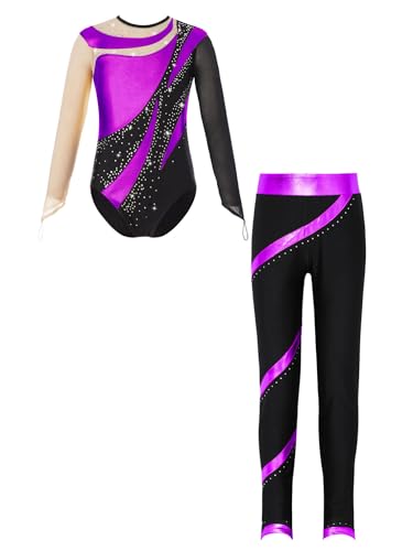 JEATHA Kids Girls Figure Skating Outfits Gymnastics Tumbling Athletic Dance Leotard with Leggings Pants Set