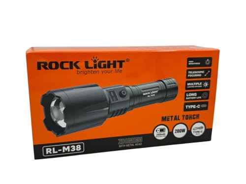 Image of RL-M38 Heavy Duty Metal Torch | 200W High Brightness LED | Rechargeable 2400mAh Battery | Zoomable Focus | Type-C Fast Charging Torch for Night & Outdoor