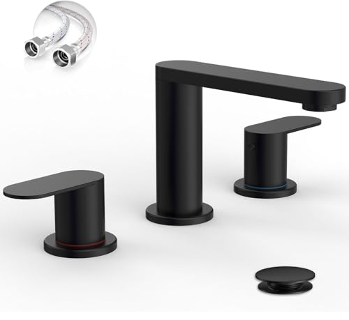 BWE Matte Black Bathroom Faucet 3 Hole - 8 Inch Widespread Bathroom Sink Faucet Pop-up Drain and Supply Lines 360 Swivel Spout 2-Handle Black Vanity Faucets Taps for Washstands for Bath