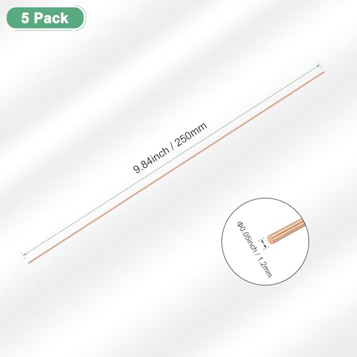M METERXITY 5er-Pack Kupfer-Rundstab 1.2mm Durchmesser 9.84 Zoll Länge T2 Lager Massivstab Drehstab für Metallhandwerk DIY/Gartenbau/Industrie/Dekoration Reine Kupferröhre