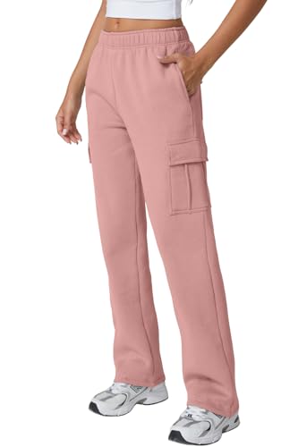 Image of QINSEN Baggy Medium Waist Elastic Sweatpants for Womens Casual Long Fleece Cargo Pants with Pockets