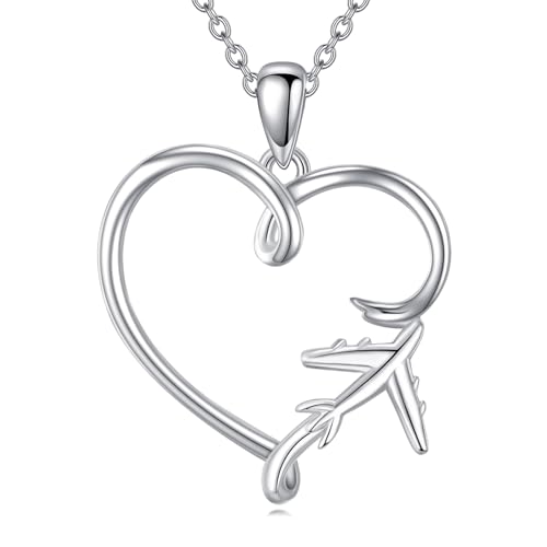 CRMAD Airplane Necklace for Women Sterling Silver Heart Flight Attendant