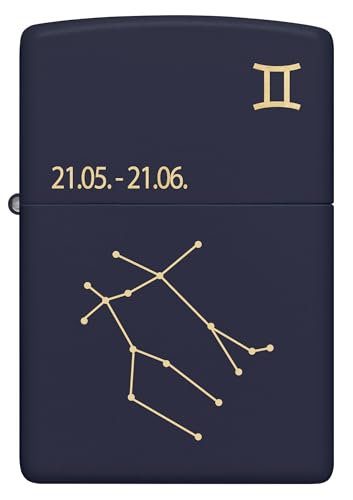 Zippo Zodiac Bliźnięta Zapalniczka Sztormowa, Grawerowanie Laserowe, Wielokrotnego Użytku, do Napełniania, Wiatroodporna Konstrukcja, Pudełko na Prezent, Wykonano w USA, Kolor Granatowy Matowy