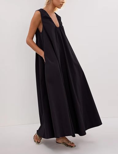 Image of Women Flowy Maxi Dress Ruched Sleeveless Long Dress Vacation Fashion Summer Casual Loose Fit Sundress with Pockets