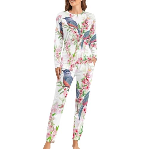 Pyjama femme oiseaux en fleurs ensemble sleepwear t-shirt manches longues pantalon de nuit