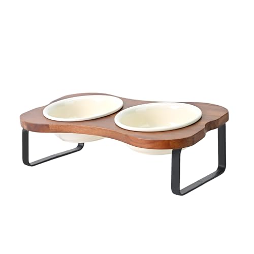 SPUNKYJUNKY Ceramic Elevated Tilted Dog Bowls Bone-Shaped Raised with 2 Height Iron Stand