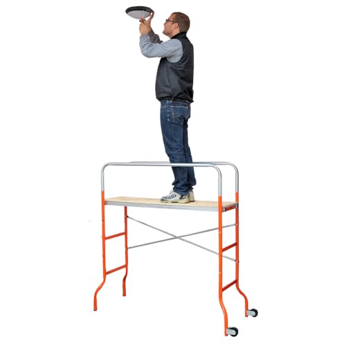 Paluplus Trabattello in Acciaio Verniciato con Ruote, misura 144x62x142 cm, Pianale in Legno di Pino, Altezza massima di lavoro 3,06 metri, Scala da Ponteggio Portata Max 120 Kg -F0003