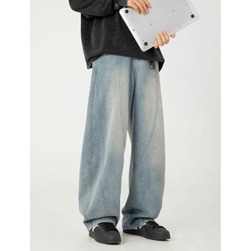 Men's Baggy Jeans Elastic Waist Pull On Denim Pants Irregular Sutures Skater Y2K Loose Wide Leg Jeans with Pockets2