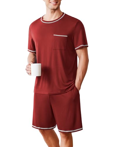 Image of Ekouaer Men's Pajamas Set Casual Short Sleeve Shirts and Shorts Soft 2 Piece Loungewear With Pockets