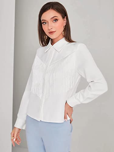WDIRARA Women's Fringe Trim Long Sleeve Button Up Work Office Simple Shirt Top4
