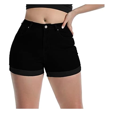 Laeyzuo Women's High Waisted Stretch Jean Shorts Foldead hem Fashion Denim Shorts (Small, Black) Cover
