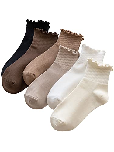 WDIRARA Women's 5 Pairs Lettuce Trim Ankle Socks Casual Socks Knit Socks