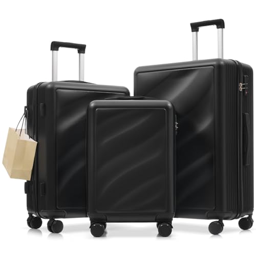 Hardside Luggage Set with Spinner Wheels, Black Wavy Lines