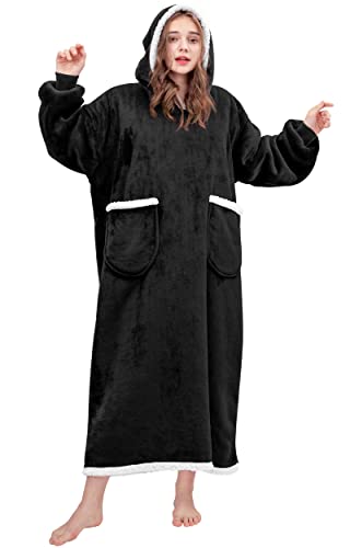 eletecpro Hoodie Sweatshirt Decke Übergroße Hoodie Decke mit 2 Tasche Super Weiche Warme Riesen Flanell Tragbare Decke Einheitsgröße für Erwachsene Jugendliche (Schwarz) Cover