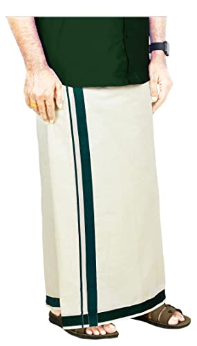 Image of Mens Thick Border 100% Cotton Cream Dhoti 4.0 Meters Double Mundu /Vesti