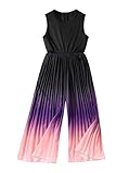 Hilinker Girl's Pleated Sleeveless Jumpsuit Ombre Zipper Wide Leg Romper One Piece Outfit Black Pink Gradient 11-12 Year