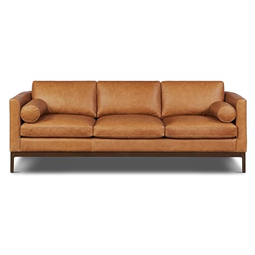 Image of POLY & BARK Toscano 89 inch Sofa in Cognac Tan - Modern Living Room Couch with Deep Seating, Plush Cushions, Premium Upholstery, Contemporary Design, and Solid Wood Frame