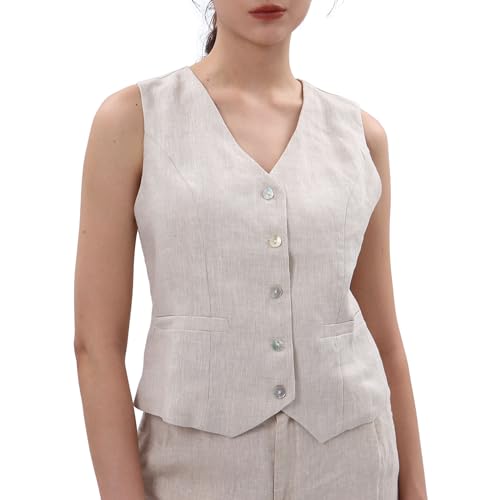 Amazhiyu Women's 100% Linen Sleeveless Button Down Crop Top Tie Back Waistcoat Vest