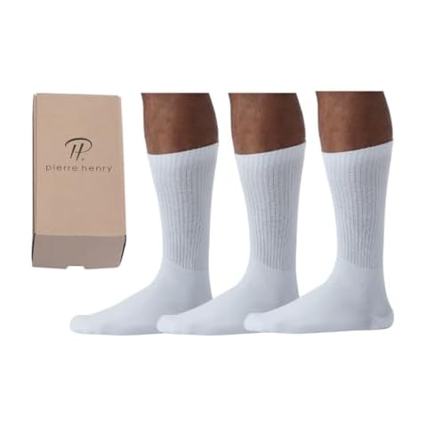 Pierre Henry Sports Mens Crew Socks (3 Pairs) | Mens White Socks, 100% cotton socks for Men | Men's athletic socks | Big and Tall Size (US Mens Shoe 12-16) Cover