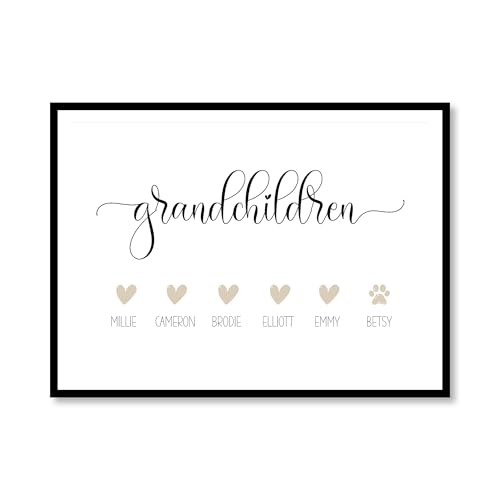 Image of Personalised Grandchildren print Names, Gift for grandparents, gift from grandchildren, personalised gift for family, christmas gift grandma (A4)