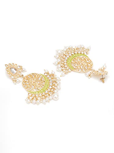 Karatcart Gold Plated Handcrafted Light Green Meena and Pearl Long Dangler Earrings for Women - Image 5