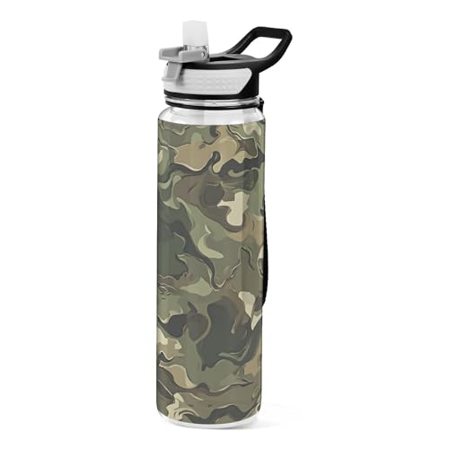 OWFKAY Botella de agua de 907.2 g con pajita, Tritan sin BPA, patrón de camuflaje de onda verde, botella de agua deportiva con asa de transporte, a prueba de fugas, perfecta para viajes, escuela