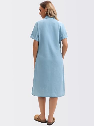 Image of Women's Midi Denim Dress Summer Short Sleeve Button Down Casual Loose Long Tunic Jean Shirt Dress