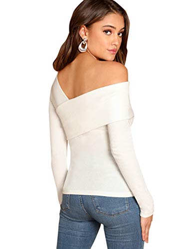 Romwe Women's Slim Cross Wrap Asymmetrical Neck Solid Ribbed Knit Tee Shirt Blouse White Small #TOP1