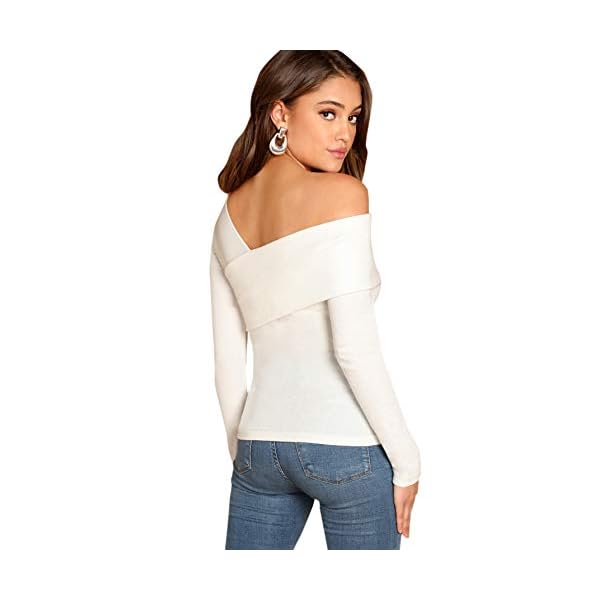 Romwe-Womens-Casual-Cross-Off-Shoulder-Deep-V-Neck-Ribbed-Knit-Slim-Wrap-Tee-Shirt-Blouse ROMWE Women's Slim Cross Wrap Asymmetrical Neck Solid Ribbed Knit Tee Shirt Blouse White Medium