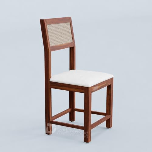 Image of DRIFTINGWOOD Amber Solid Sheesham Wood 6 Seater Dining Table Set with Rattan Back Chairs | White Rexine Upholstered Seating for Home & Dining Room (Honey Finish, DIY)