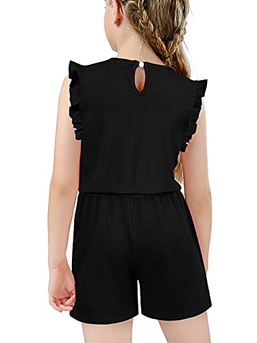 Kimoda Girls Rompers Size 10-12 Black Ruffle Sleeve Jumpsuits With Side Pockets One Piece Summer Outfits For Girl #TOP3