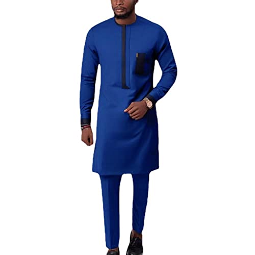 Ensemble 2 pièces manche longue vêtement africain dashiki ajusté bleu