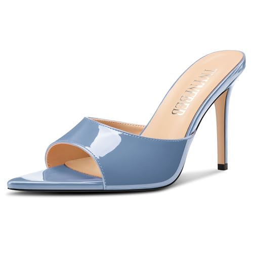 Image of TNYNFBEB Womens Stiletto High Peep Open Pointed Toe Sandals Mules Shoes Slip-on Slingback Office Party Dress Patent Leather Summer 3.9 Inches Heels