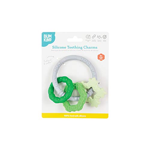 Image of Bumkins Baby Teething Freezer Toy Keys Rings, Soft Flexible Pacifier to Chew, Cool Teether Gum Relief, Babies 3 Months, Freezable Platinum Silicone, Sensory Bracelet with Charms, Green and Gray