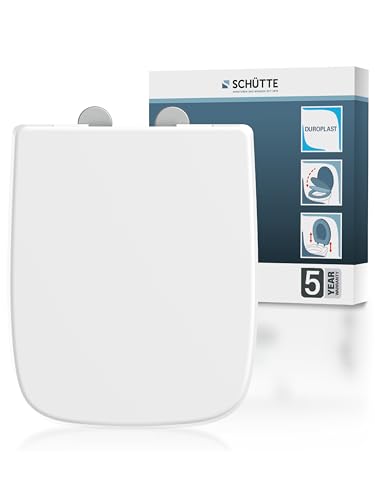 SCHÜTTE WC-Sitz Eckig (E-Form) | Passgenau für Keramag Renova Nr. 1 Plan | 5 Jahre Garantie & 250 kg Belastbar | Duroplast Toilettendeckel mit Absenkautomatik & Schnellverschluss | Weiß