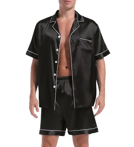 Couple Pajamas Set Men Satin Short Sleeve Sleepwear 2 Pcs Button Down Pjs Loungewear Black Medium2