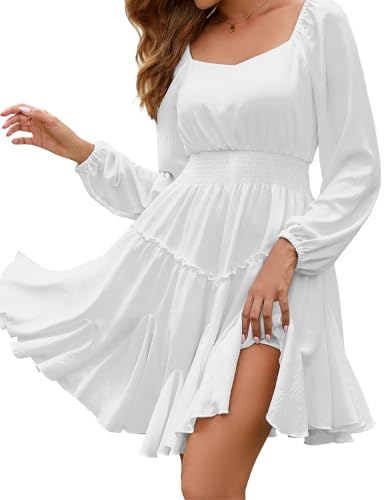 Beluring Minikleid Damen Elegant Langarm Kleider A-Linie Square Neck Tunika Kleid Hochzeitsgast Partykleid Weiß S