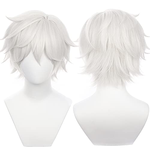 Grey White Anime Short Cosplay Wigs with Curly Heat Resistant Role Costume Hairs for Men Cos Part Halloween Replacement Wigs