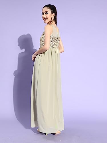Image of Miss Chase Women's Dusty Green & Golden Solid Embellished Maxi Dress